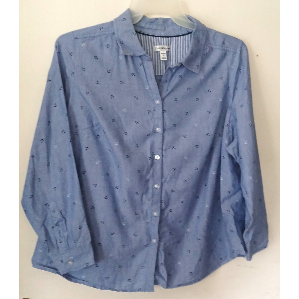 Croft & Barrow Women 1X Shirt Button Up‎ 100% Cotton Flip Cuffs Anchor Nautical